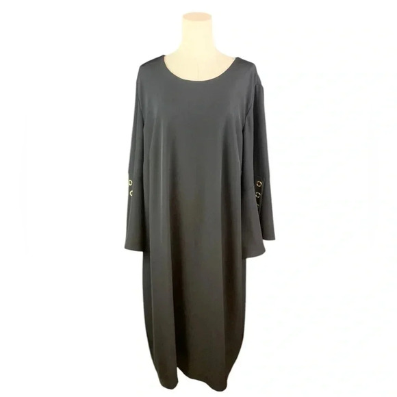 Calvin Klein Black Mini Dress with Bell Sleeves & Gold Embellishments‎ - Picture 1 of 4